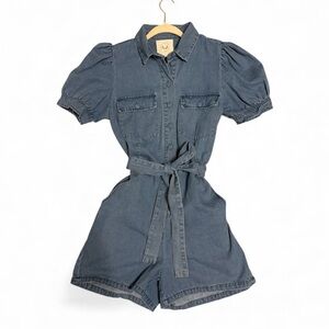 Fantastic Fawn Denim Jean Romper Womens Small Western Puff Sleeve Button Pockets